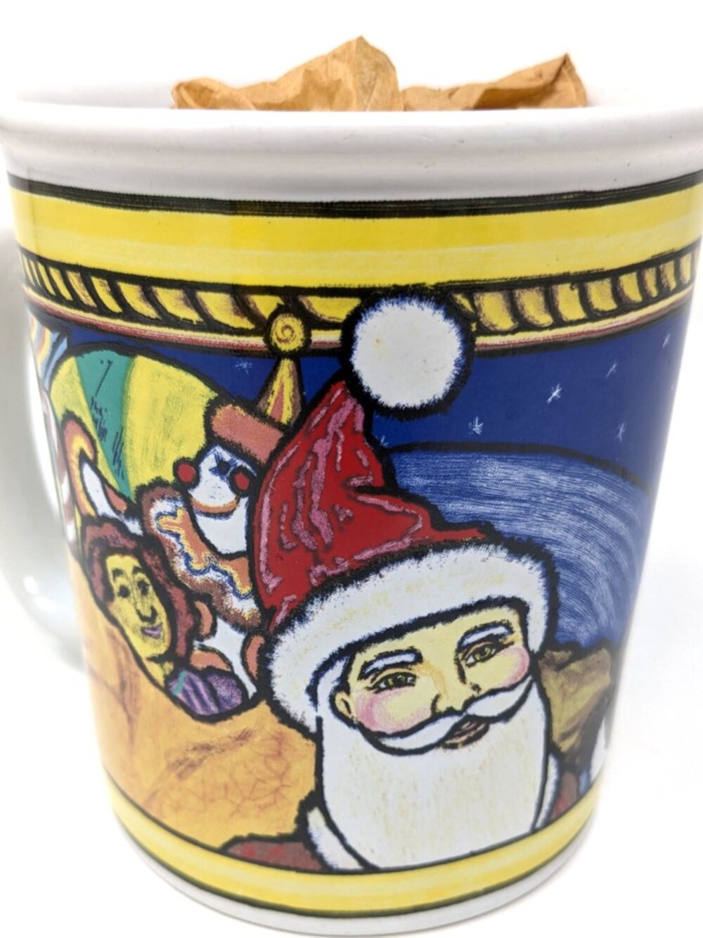 Artisan Christmas Coffee Mug Moonlight Sleigh Ride Santa Toys Rare Colorful